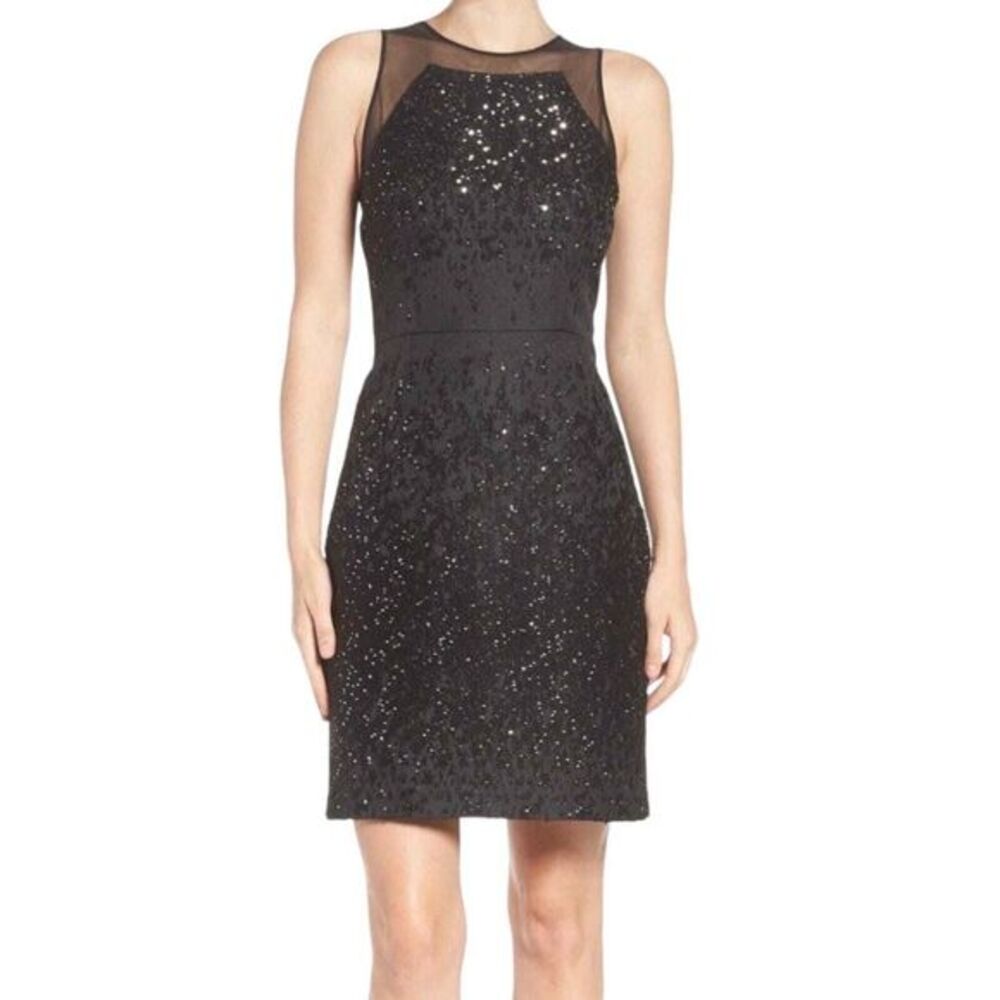 Vera Wang Womens Mesh Trim Sequin Sheath‎ Dress Size 14 Black Metallic Party NWT